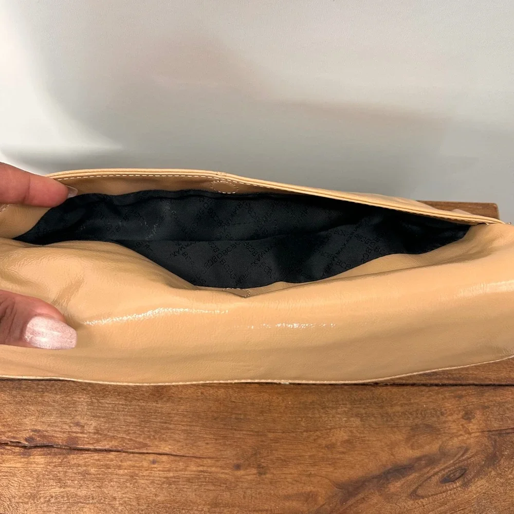 BCBGMAXAZRIA Tan Patent Leather Envelope Clutch Gold Chain Detail Bag